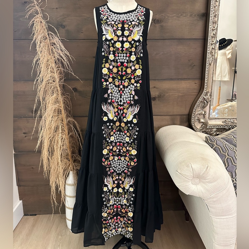 Samant Chauhan Jacaranda Black Embroidered Tiered Maxi Dress